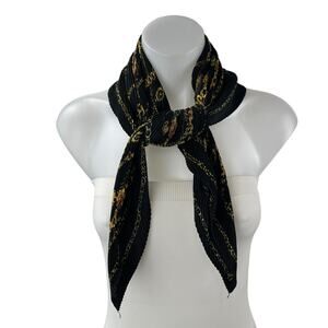 Zara Women's Black Gold Chain Print Plisse Handkerchief Wrap Neck Scarf M